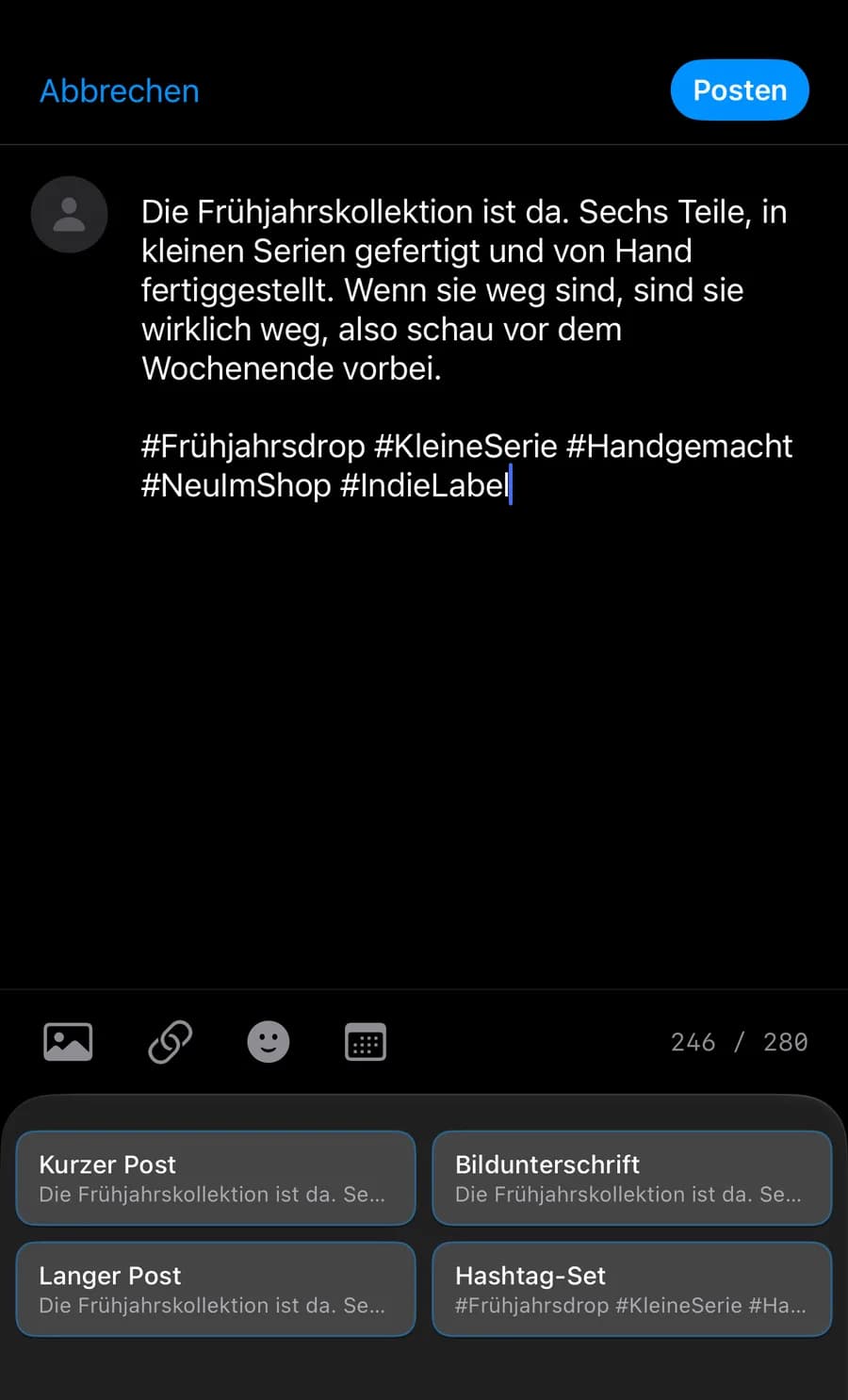 1SecCopy-Tastatur beim Einfügen in einen Beitragseditor auf dem iPhone