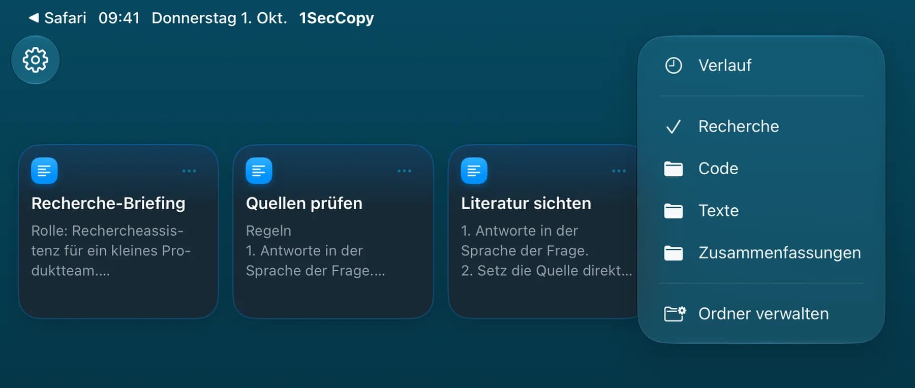 Ordner mit Recherche-Prompts in 1SecCopy auf dem iPad