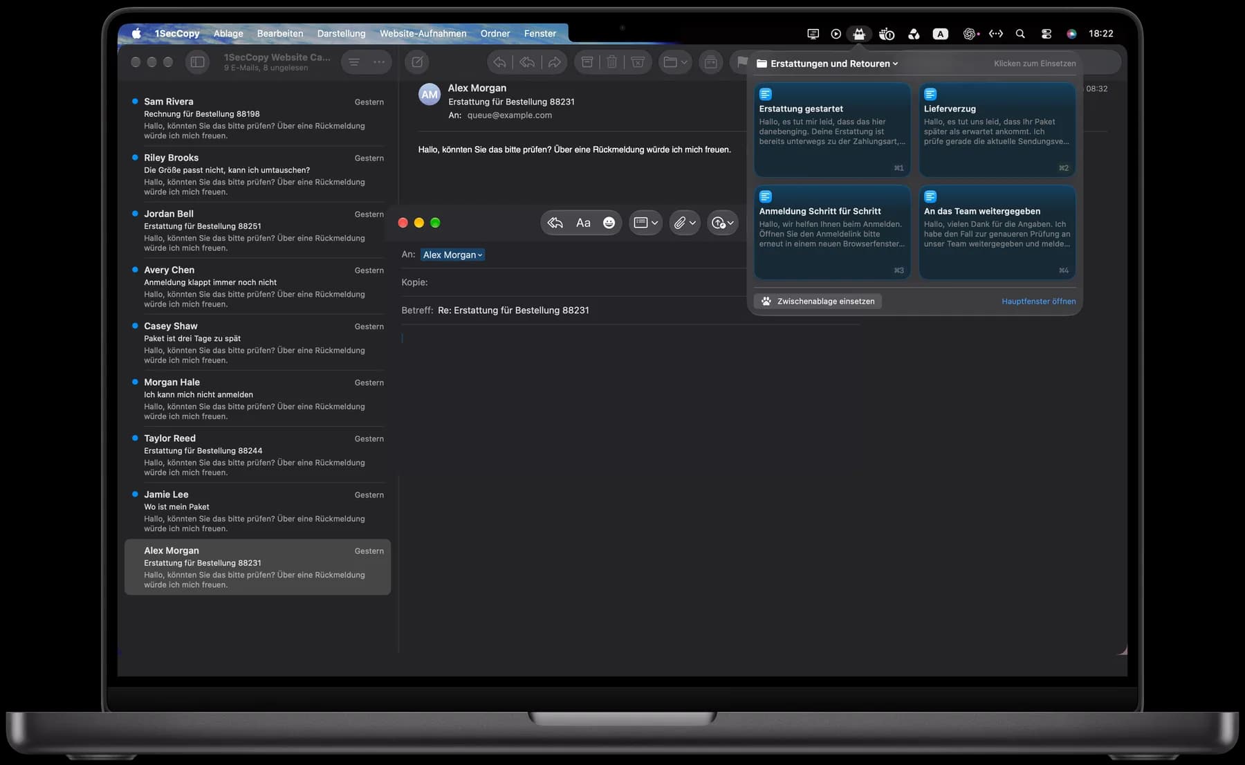 Gespeicherte Antworten im 1SecCopy-Menüleistenfenster auf dem Mac