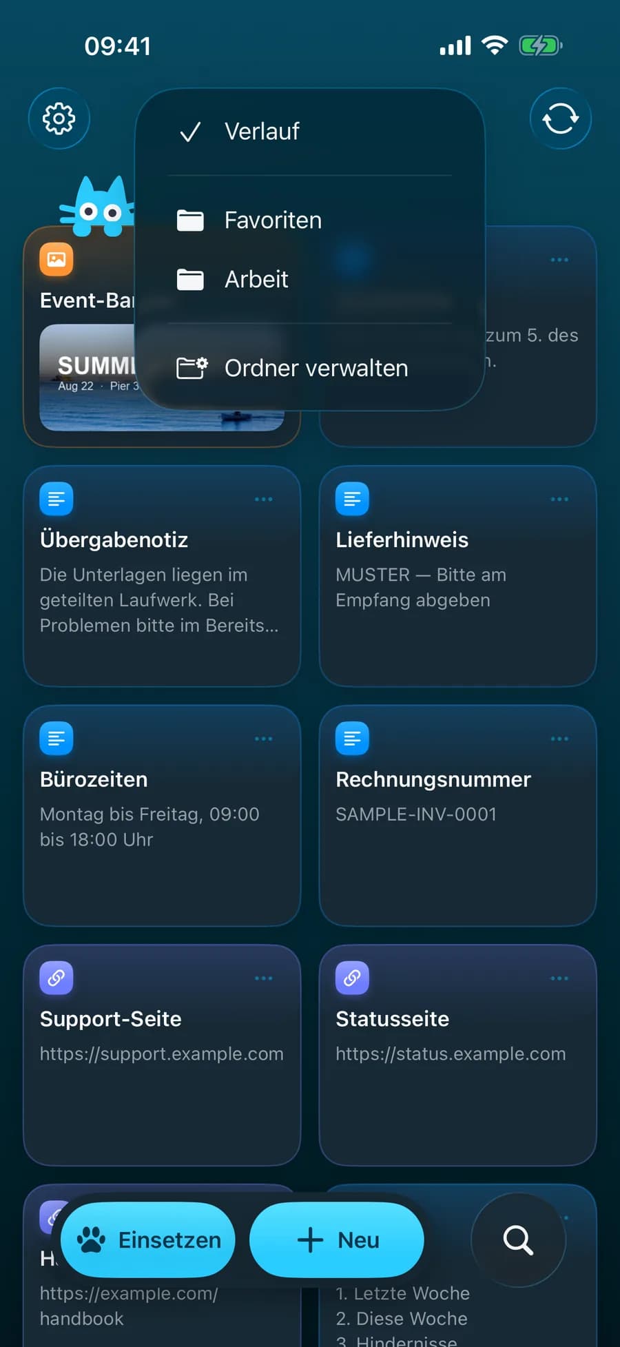 Screenshot von Karten und Ordnern