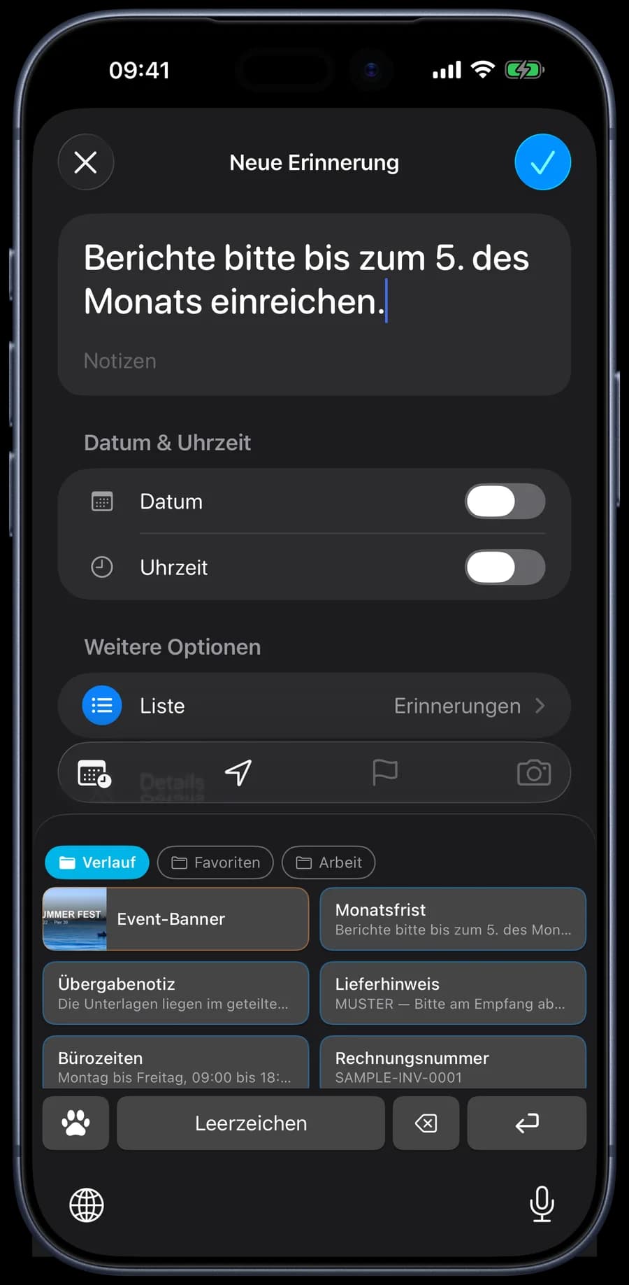Screenshot der 1SecCopy-Tastatur auf dem iPhone