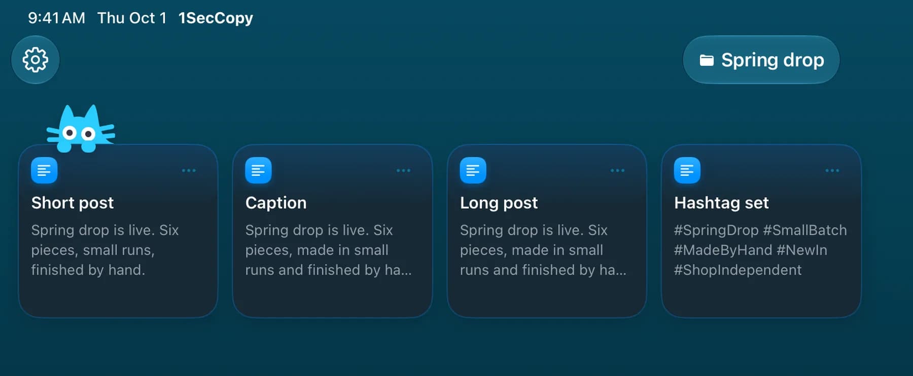 Caption variants and a hashtag card in a 1SecCopy campaign folder