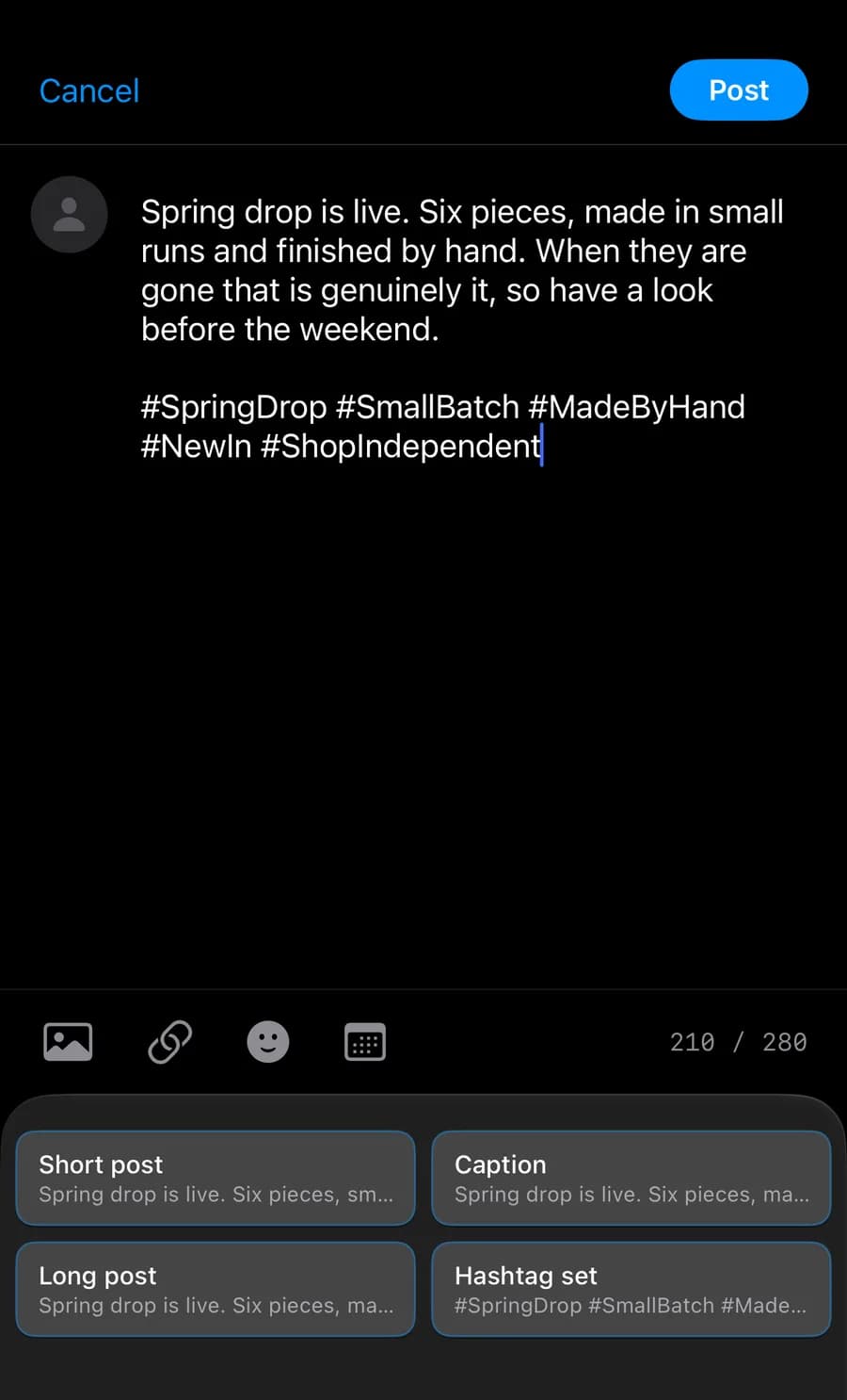 A saved caption inserted in an iPhone text field with the 1SecCopy keyboard
