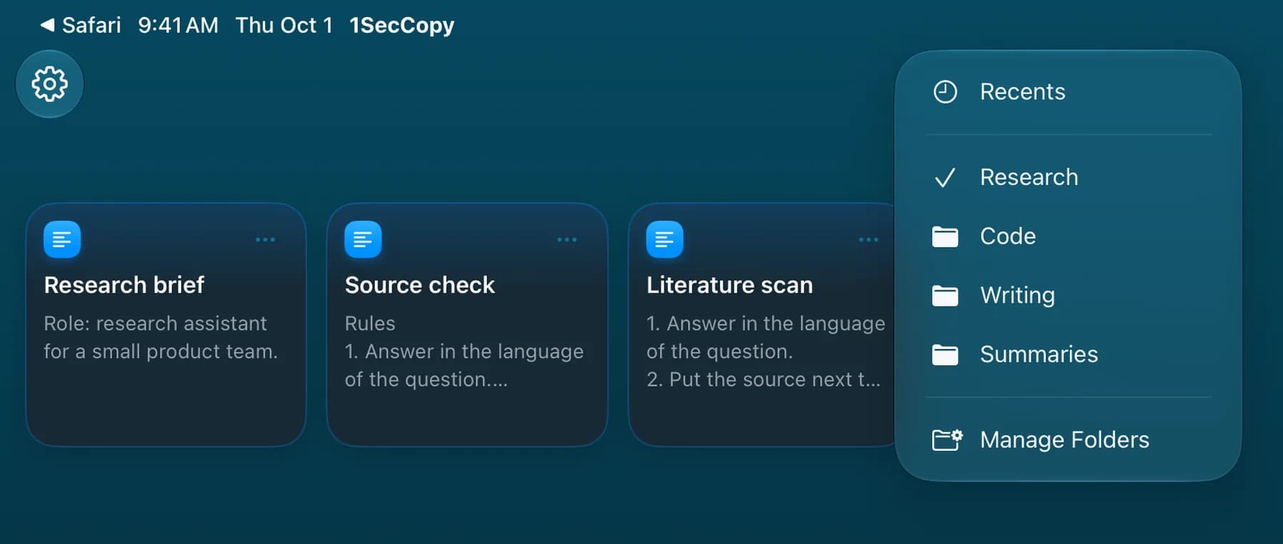 Saved prompt cards in the Research folder on iPad