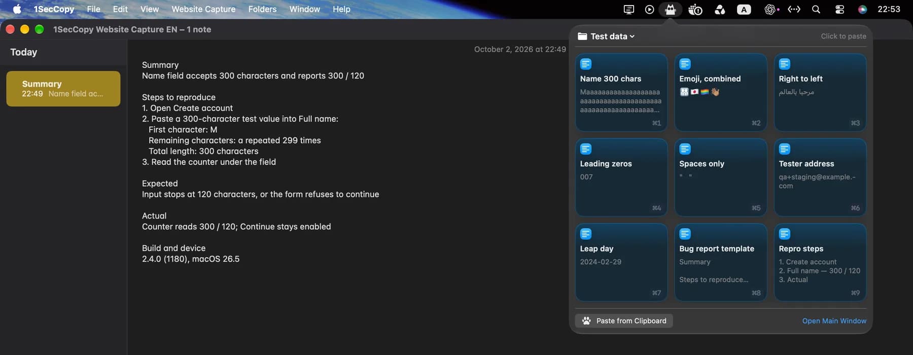 An example bug report with a saved template and test input