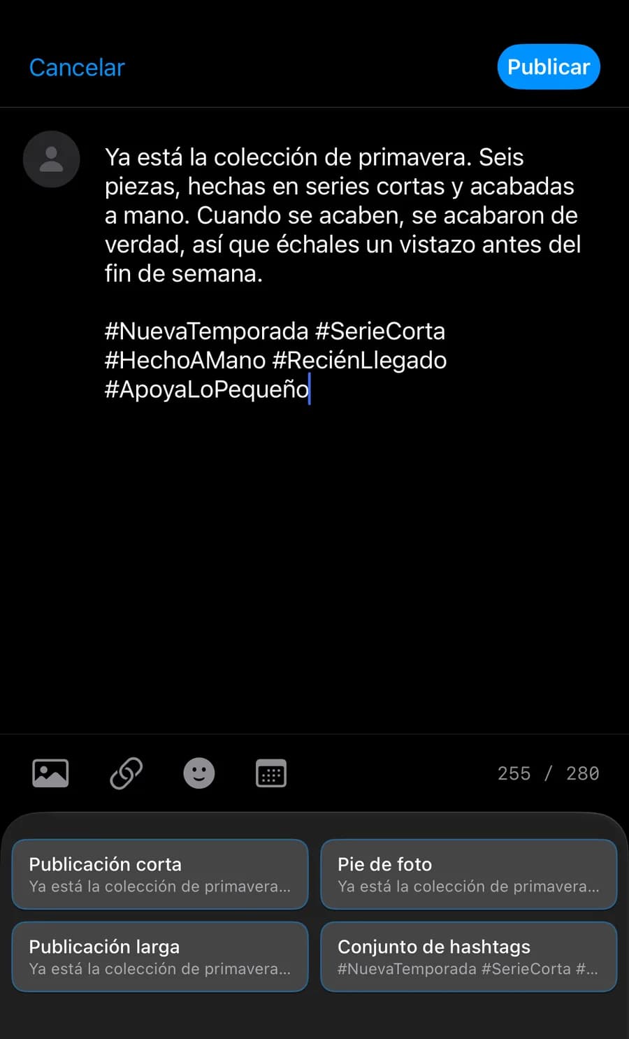 Teclado de 1SecCopy insertando texto en un editor de publicaciones de iPhone