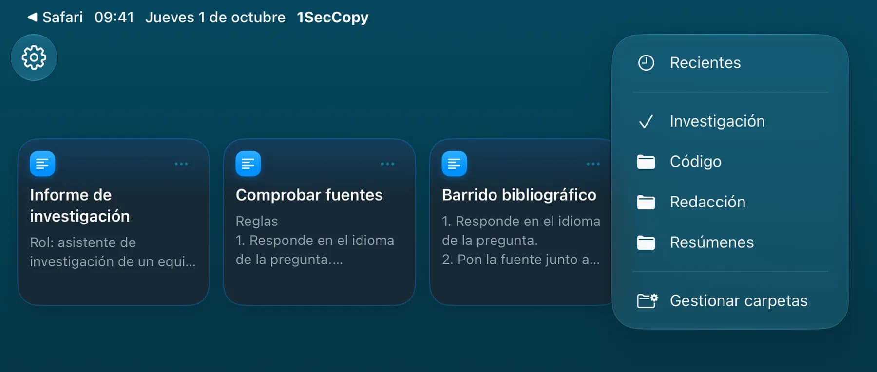 Carpeta de prompts de investigación en 1SecCopy para iPad