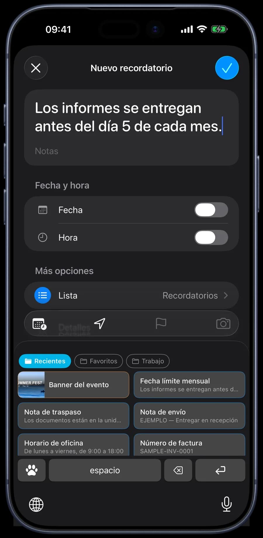 Captura del teclado de 1SecCopy en iPhone