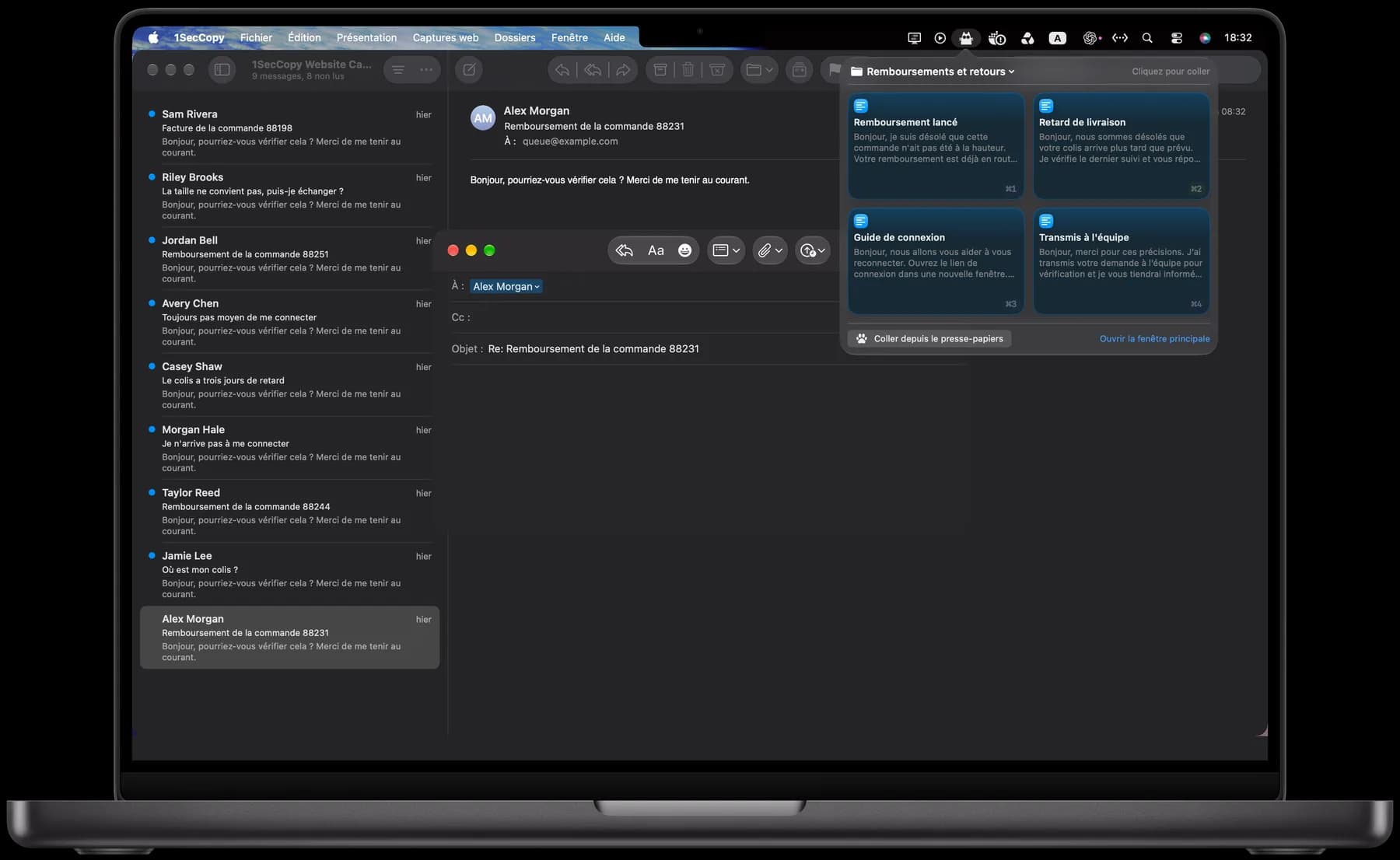 Réponses enregistrées dans le panneau 1SecCopy sur Mac