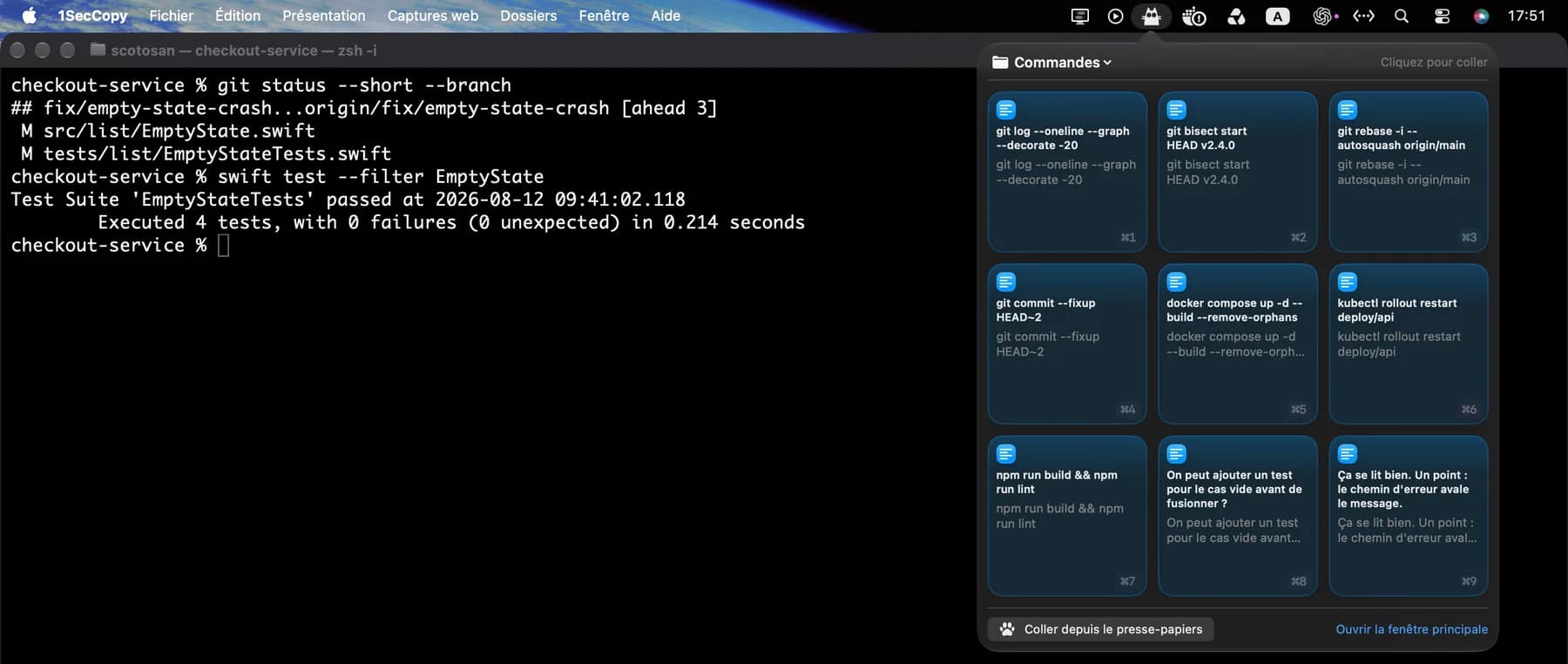 Panneau 1SecCopy avec des commandes enregistrées au-dessus d’un terminal Mac