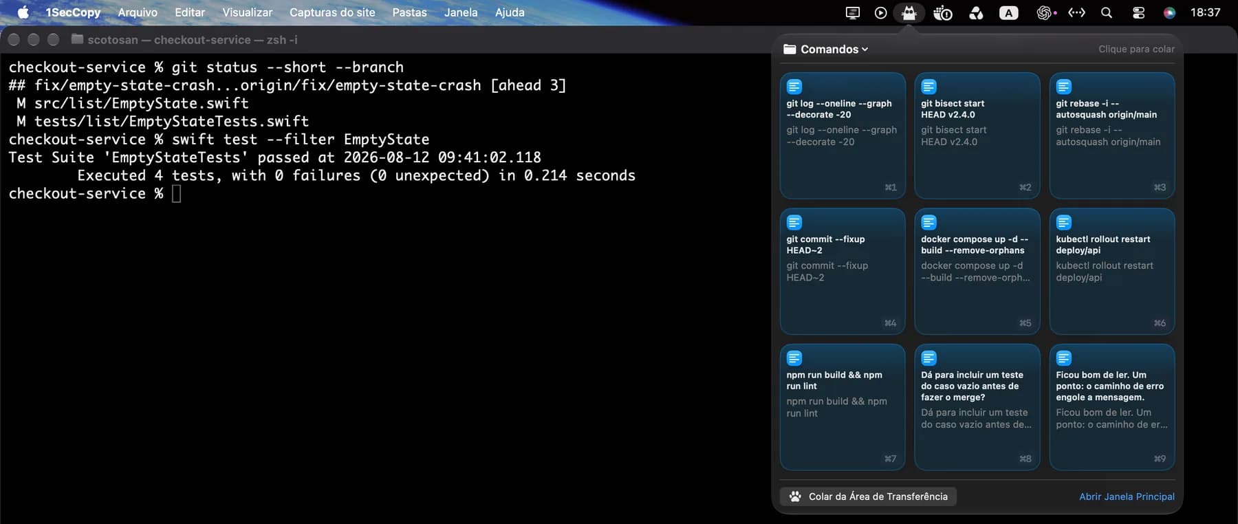 Painel do 1SecCopy com comandos salvos sobre um terminal no Mac