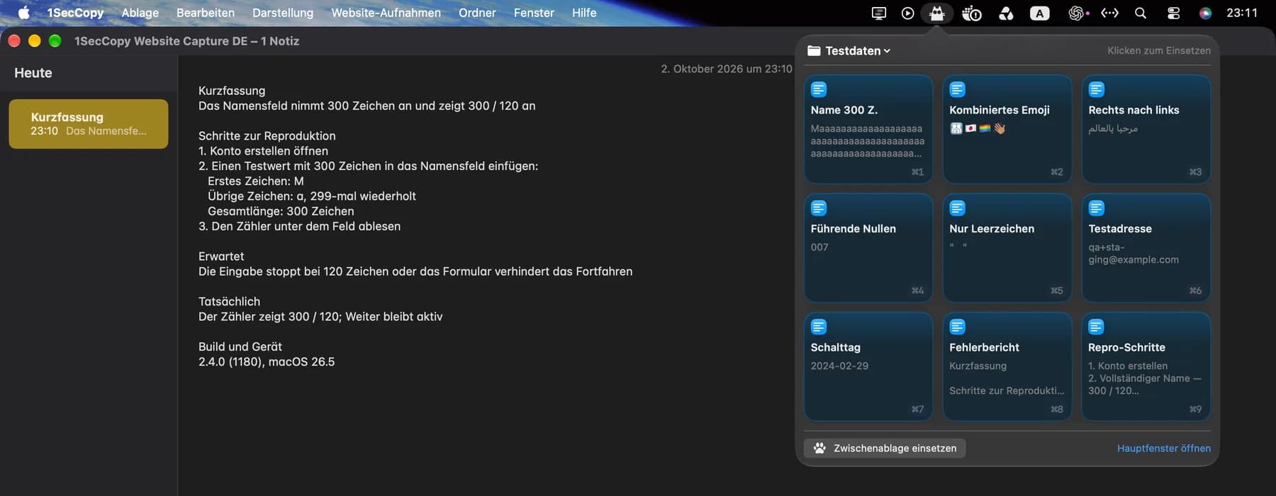 Vorlage für einen Fehlerbericht mit Schritten und Testwert