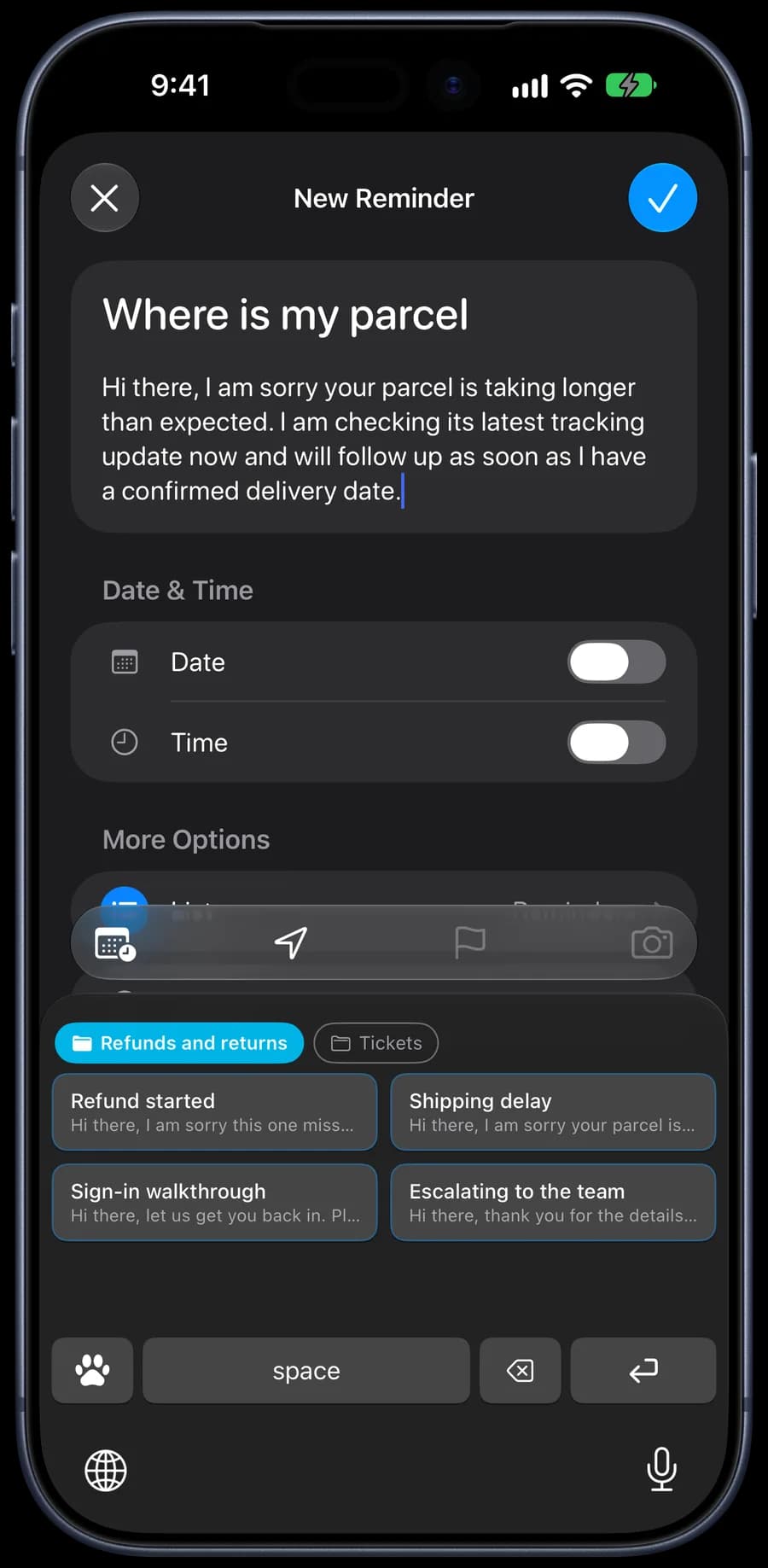 A saved support reply inserted with the 1SecCopy keyboard on iPhone
