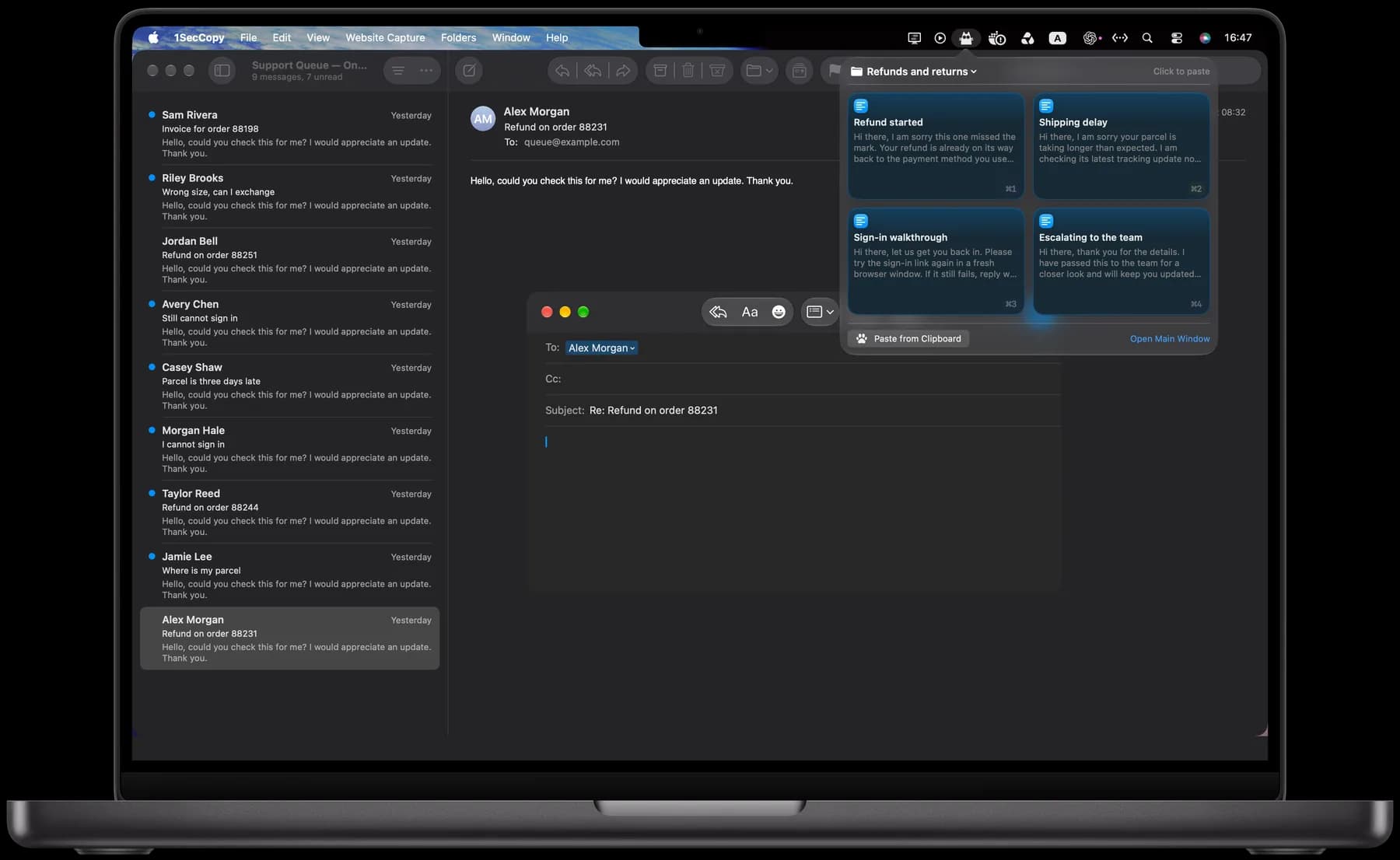 Saved support reply cards in the 1SecCopy Mac panel beside a reply draft
