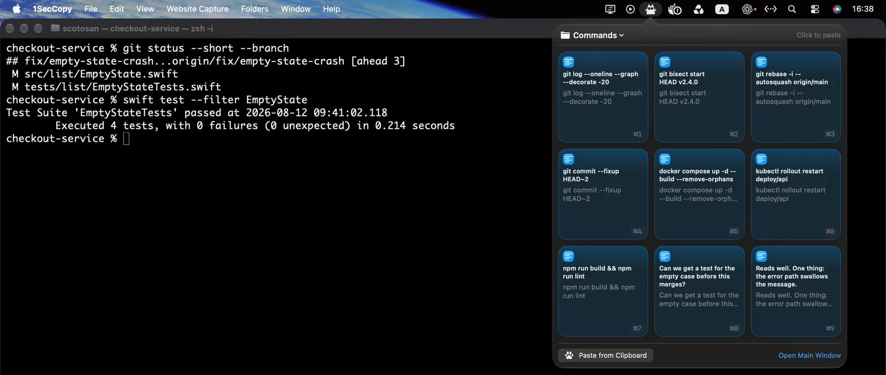 The 1SecCopy Mac panel open beside a terminal with saved command cards