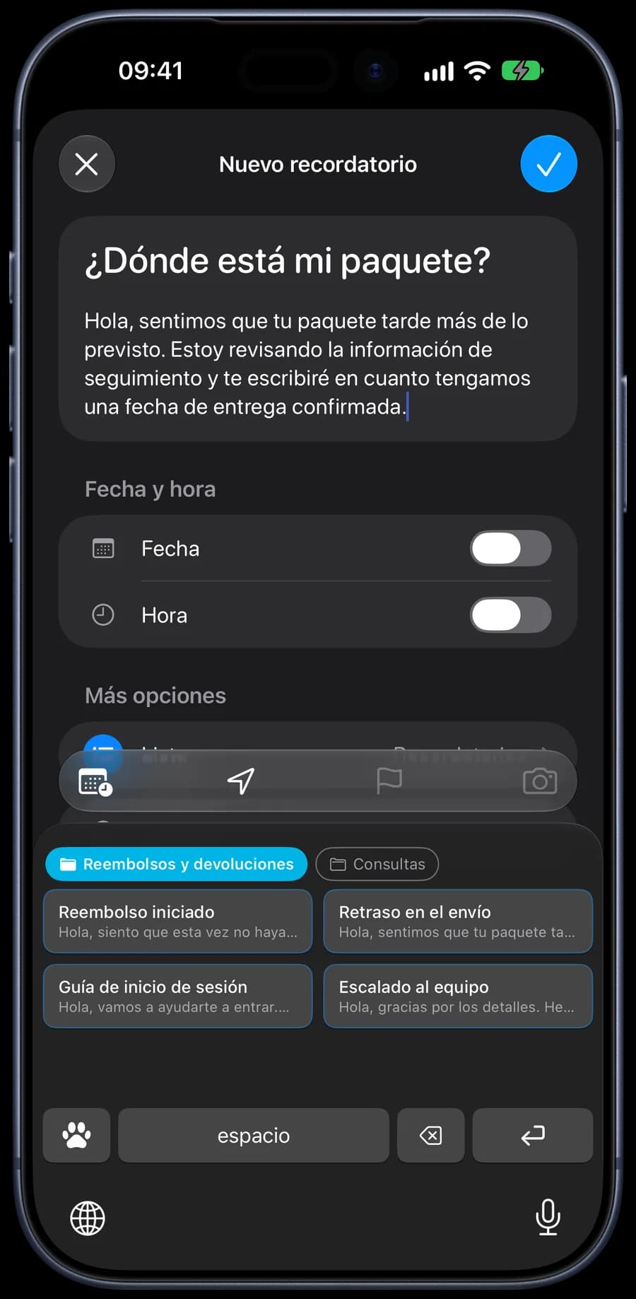 Una respuesta guardada insertada con el teclado de 1SecCopy en iPhone
