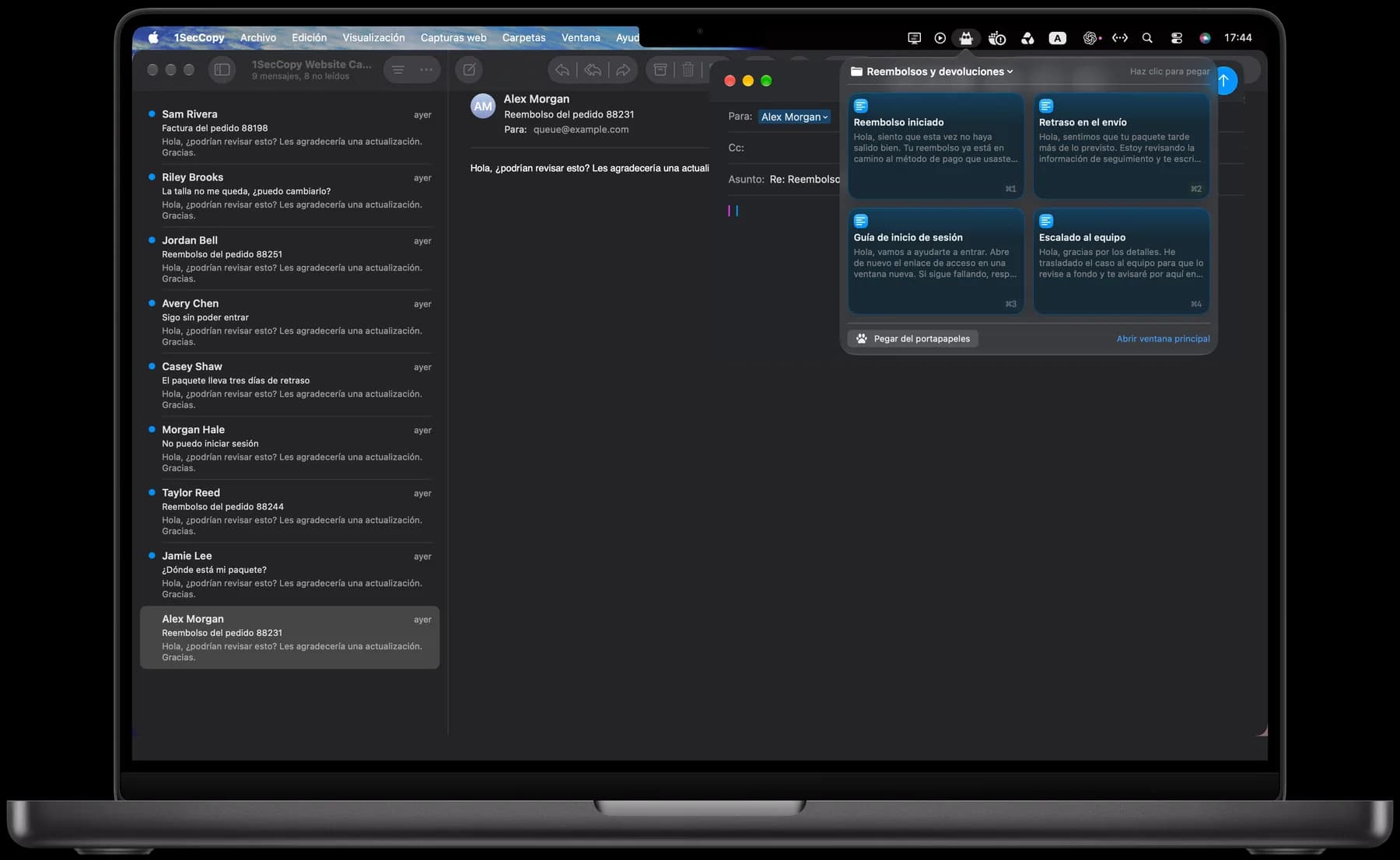 Respuestas guardadas en el panel de 1SecCopy en Mac