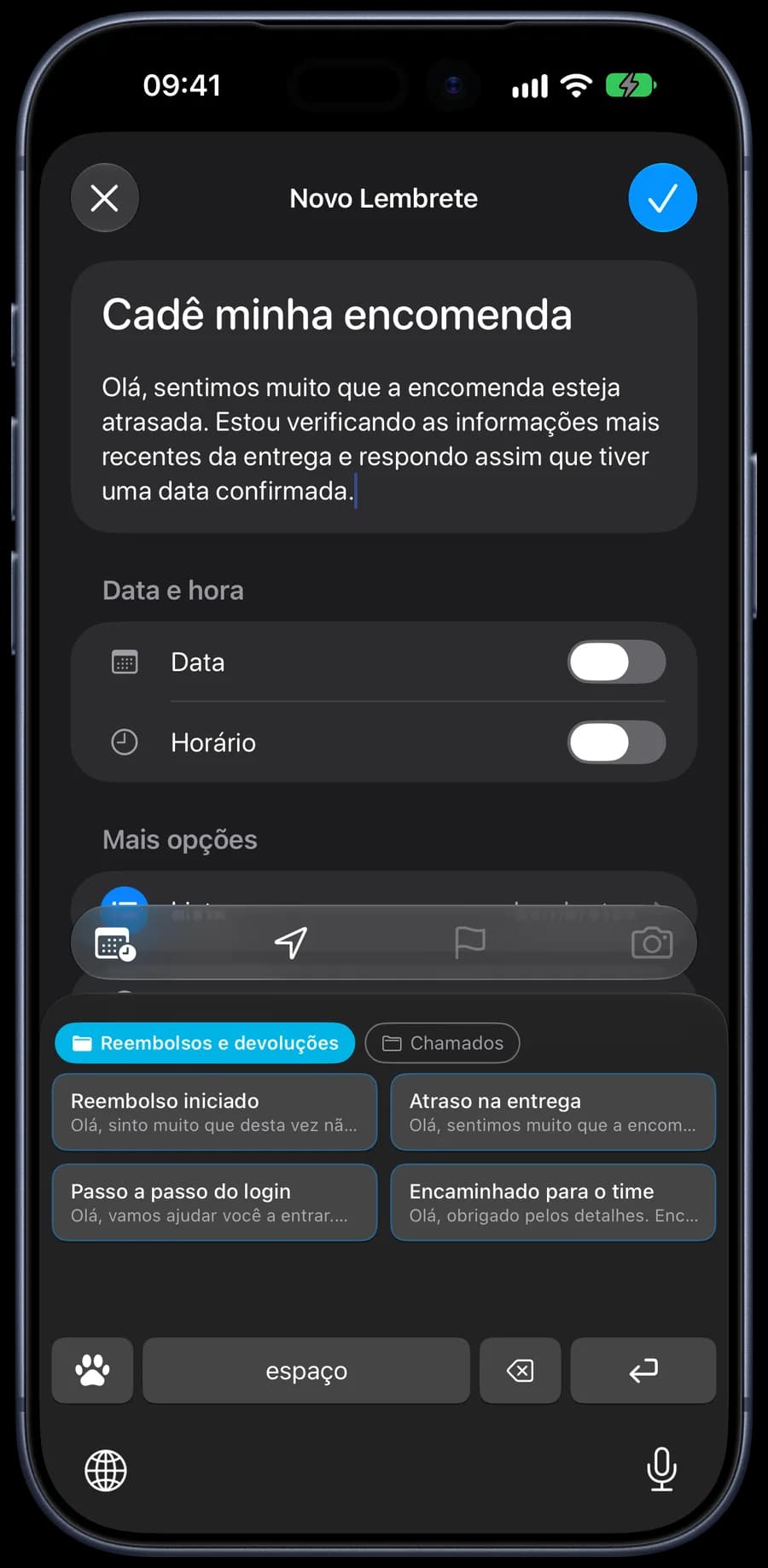 Resposta salva inserida com o teclado do 1SecCopy no iPhone