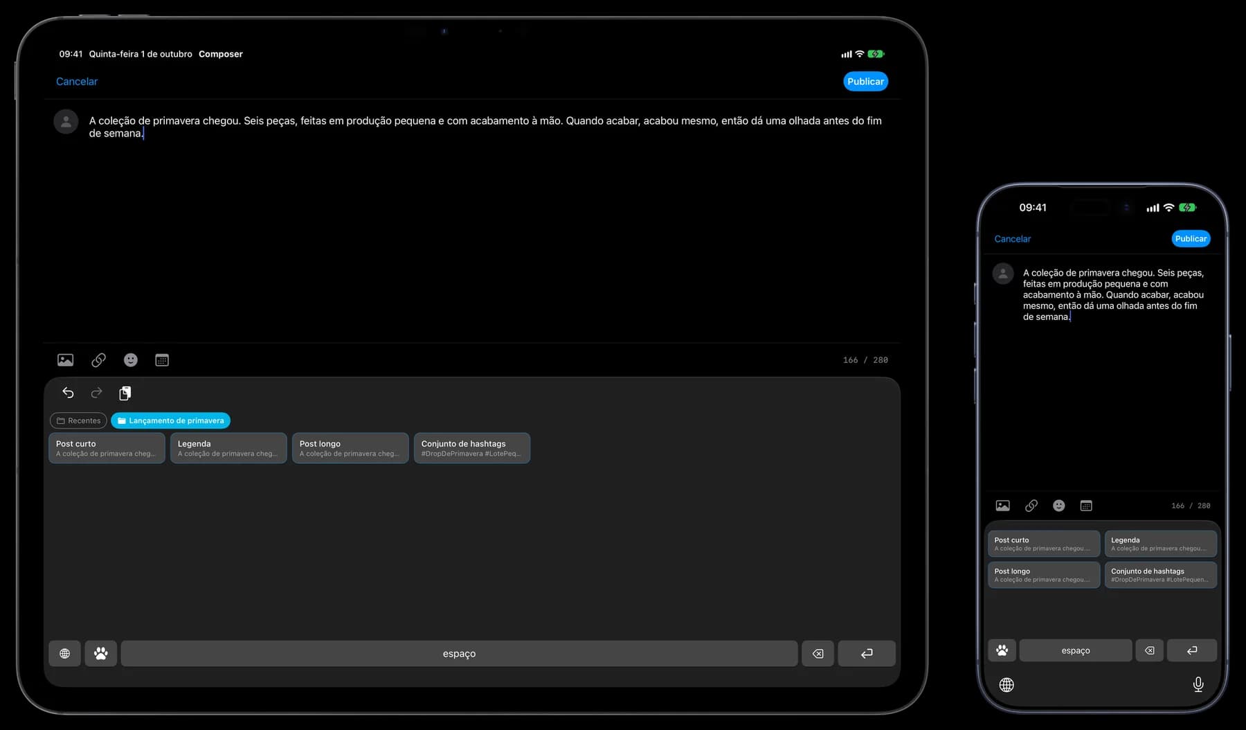 Texto salvo inserido com o 1SecCopy em um editor de posts de exemplo
