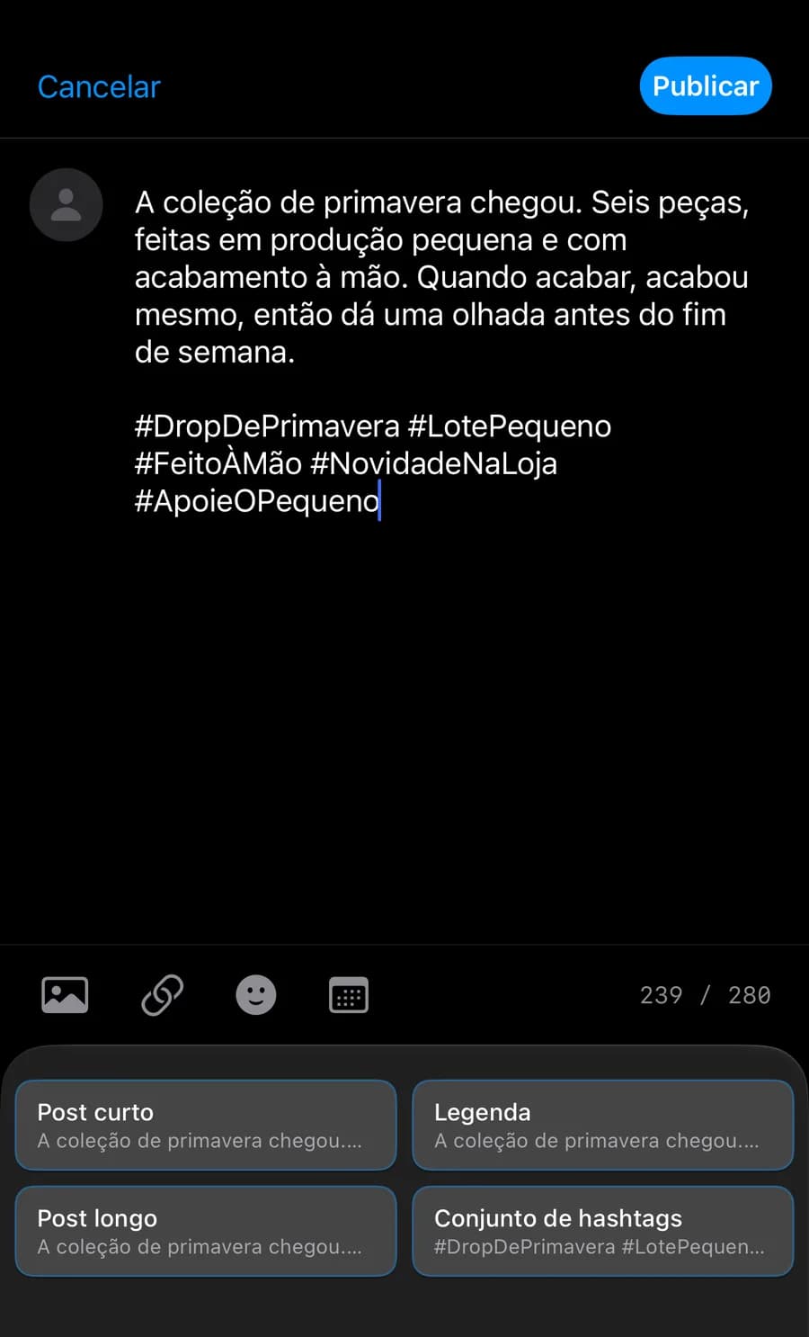 Teclado do 1SecCopy inserindo texto em um editor de posts no iPhone