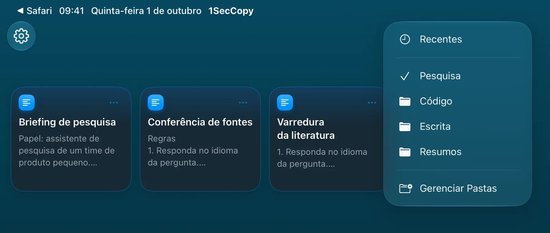 Pasta de prompts de pesquisa no 1SecCopy para iPad
