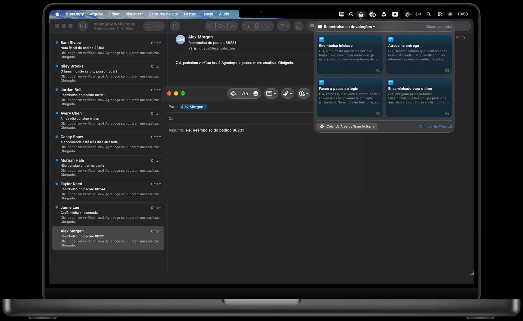 Respostas salvas no painel do 1SecCopy no Mac